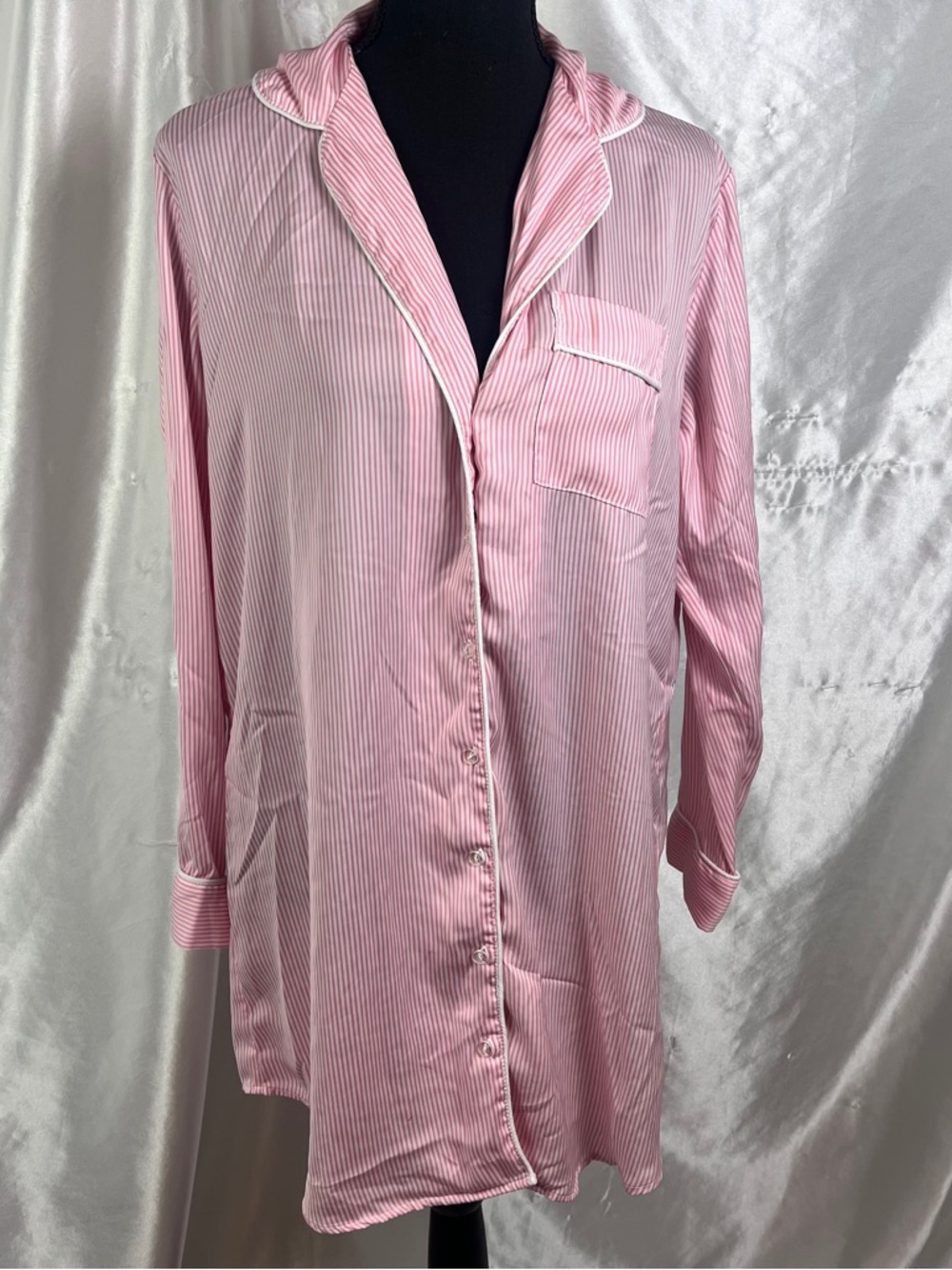Max Studio Pink Striped Nightshirt Sleepwear Button Down Pajama Top S